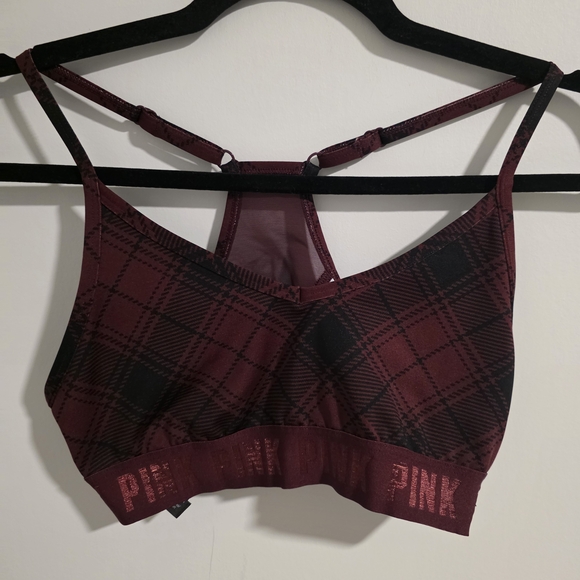 PINK Victoria's Secret Burgundy and Black Plaid Sports Bra - Picture 3 of 6